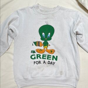 White Sweatshirt with Green Cartoon Print